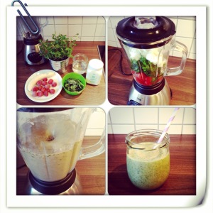 Green Smoothie light - 1 Banane, 100g Erdbeeren, 50g Spinat, 1 Bund Minze, 150g Joghurt, 200ml Wasser